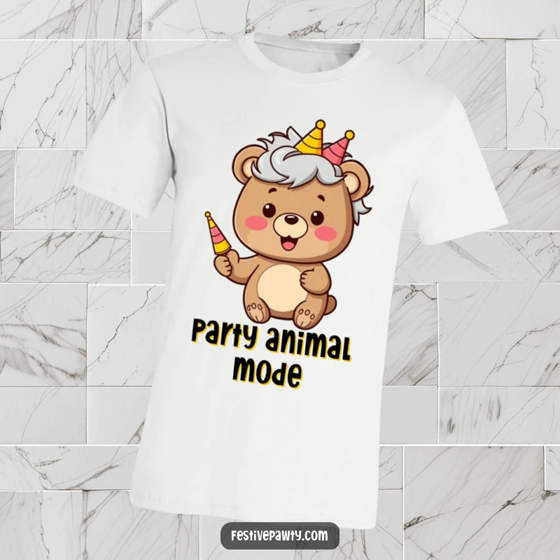 Funny t-shirt showcasing a joyful bear character sporting a colorful, ridiculous wig and a party horn, exuding pure party energy.