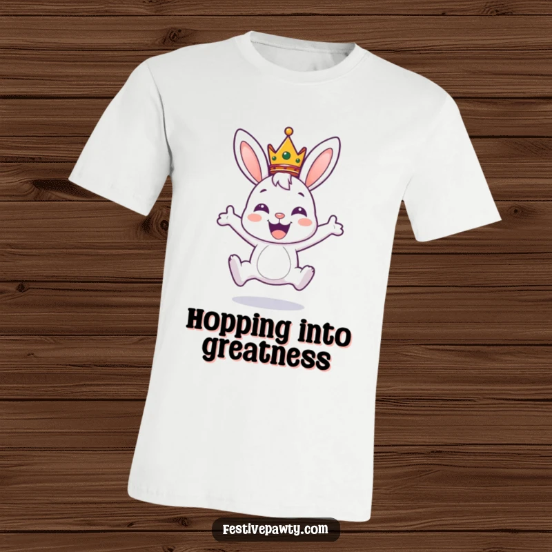 Funny t-shirt depicting a happy bunny wearing a small crown, captured mid-leap with infectious excitement and royal flair.
