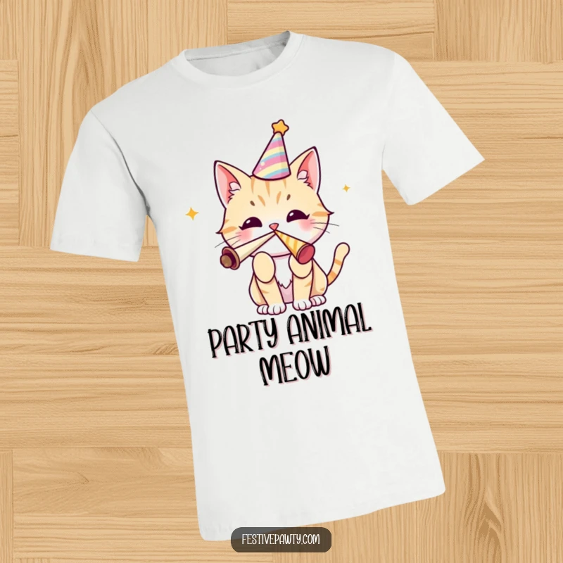 Funny cat t-shirt showing a cute character in a party hat blowing a party horn with excitement, perfect for party lovers.