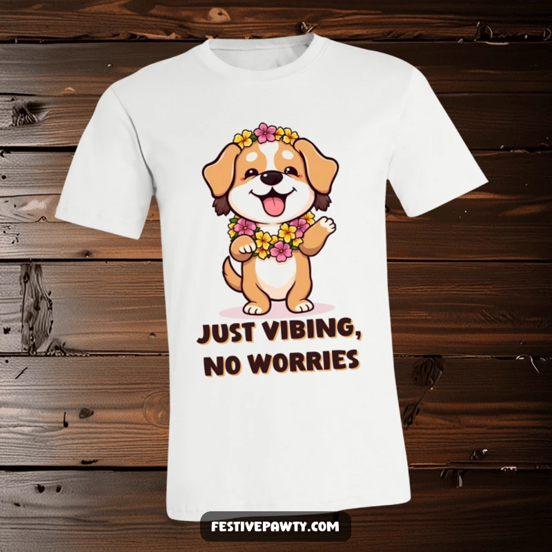 Funny T-shirt with a playful dog wearing a flower lei, doing a relaxed hula dance, ideal for fun lovers.
