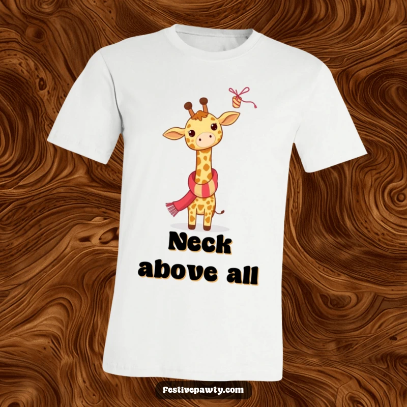 Funny Giraffe T-Shirt: A giraffe wearing a festive scarf stretches high to grab a streamer, celebrating with joyful humor.