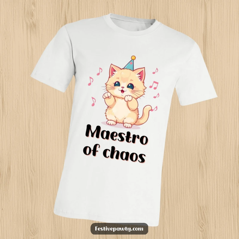 Funny T-Shirt showcasing a fluffy kitten wearing a party hat, energetically conducting a lively orchestra of floating musical notes.