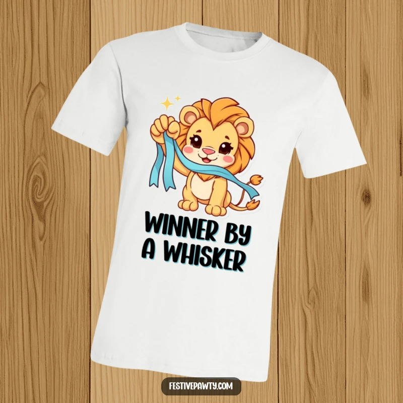Funny T-Shirt: A triumphant lion character raises a paw adorned with a sparkling ribbon, embodying strength and success.