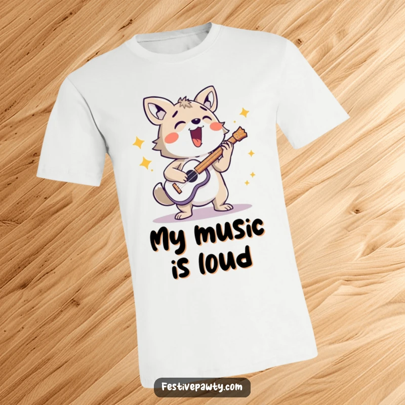 Funny energetic animal character t-shirt playing a musical instrument at full volume, celebrating loud music and fun.