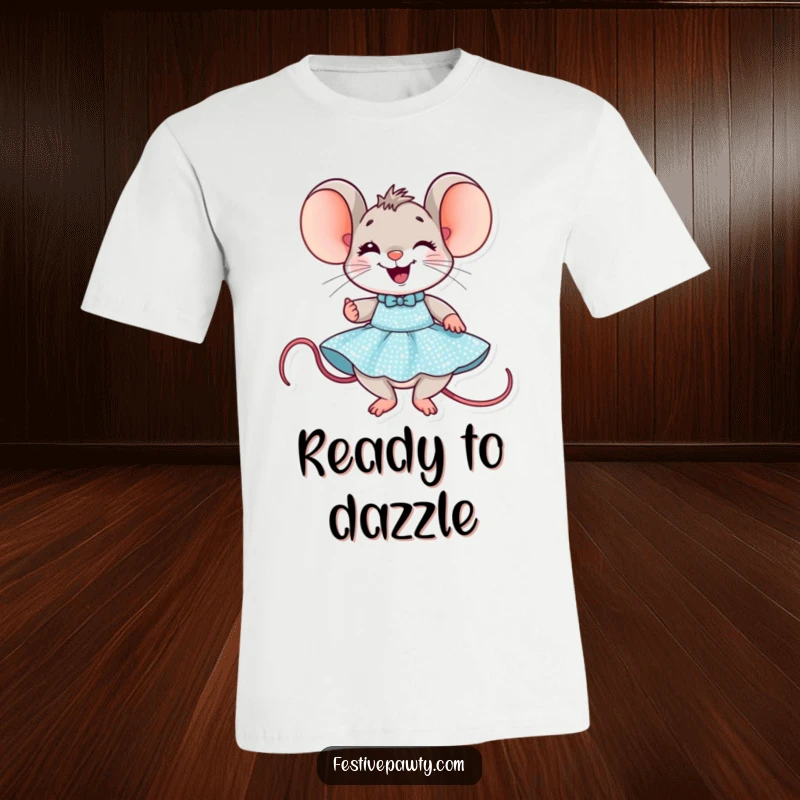 Funny Mouse Party T-Shirt: A delighted mouse grins, joyfully trying on a sparkling sequined party dress.