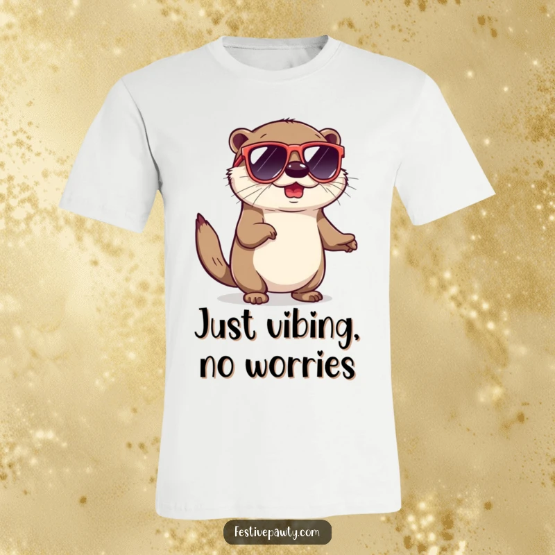 Funny t-shirt showing a playful otter wearing large sunglasses, doing a fun shimmy, embodying cool vibes and humor.