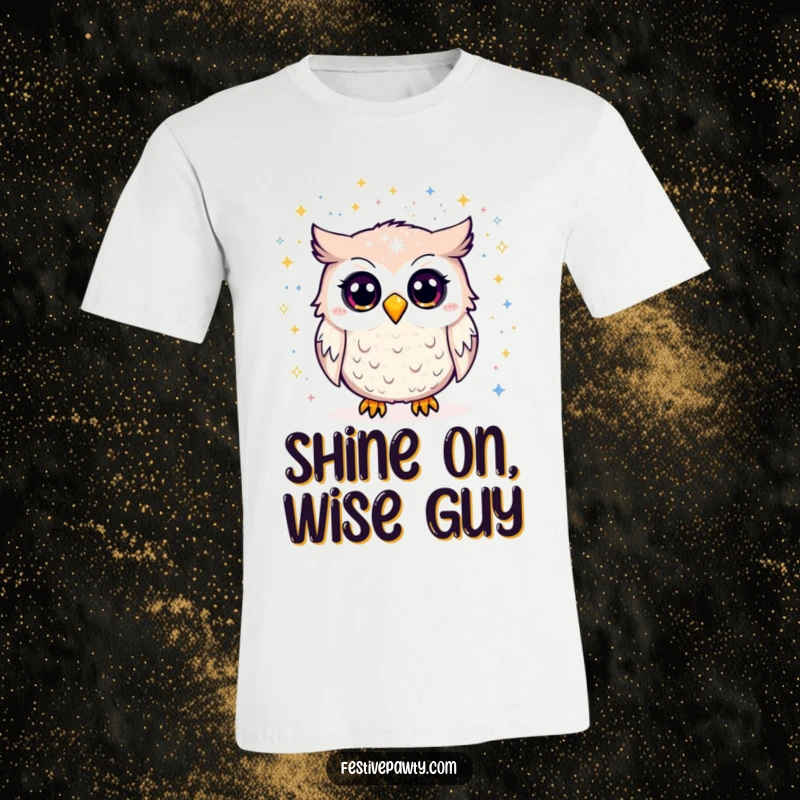 Funny T-Shirt: An owl is comically surprised by a shower of glittering specks, capturing a moment of dazzling, humorous chaos.