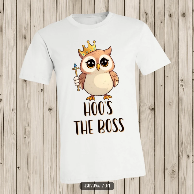 Funny Owl King T-Shirt: A proud owl sports a miniature crown and holds a sparkling scepter, exuding adorable authority.