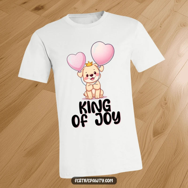 Funny T-Shirt depicting a happy puppy adorned with a tiny crown, proudly holding a giant, sparkling balloon, embodying cheerful royalty.