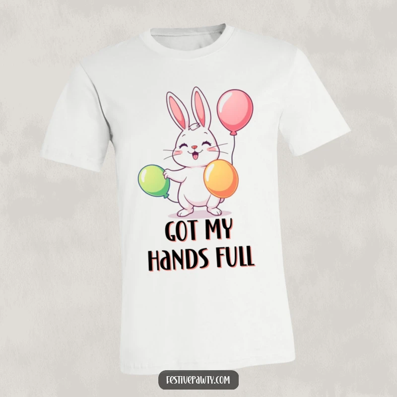 Funny t-shirt featuring a playful rabbit expertly juggling three vibrant balloons, showcasing impressive dexterity and a cheerful demeanor.