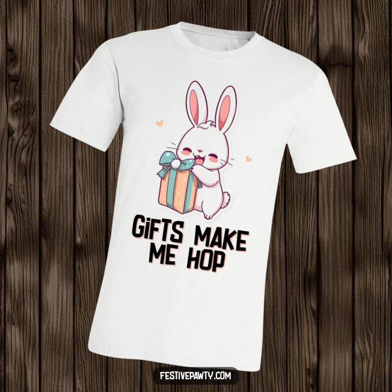 Funny rabbit t-shirt featuring a cartoon bunny eagerly unwrapping a gift, bursting with excitement and happiness.