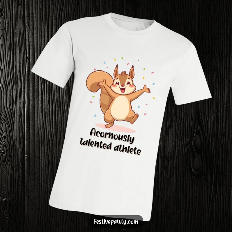 Funny T-shirt showcasing a ecstatic squirrel performing a cartwheel, surrounded by a festive explosion of confetti, embodying playful success.
