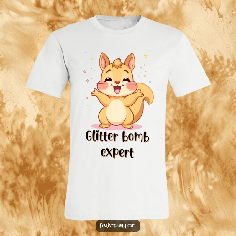 Funny Squirrel T-Shirt: An ecstatic squirrel joyfully throws glitter with abandon, creating a dazzling, celebratory spectacle.