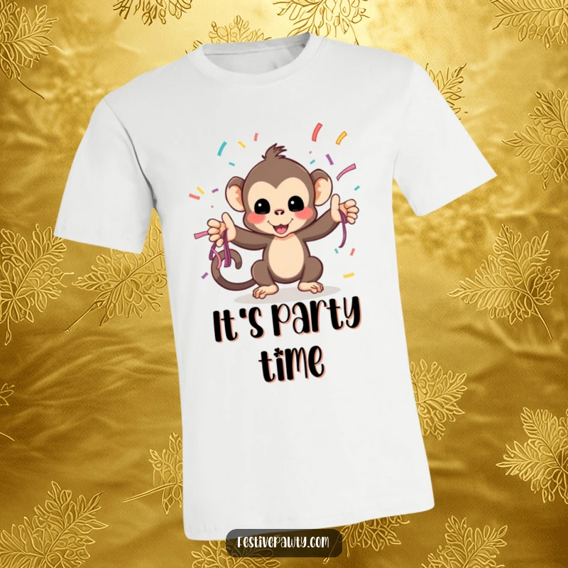 Funny T-Shirt: A playful monkey tosses a handful of vibrant streamers, creating a scene of energetic and humorous festivity.