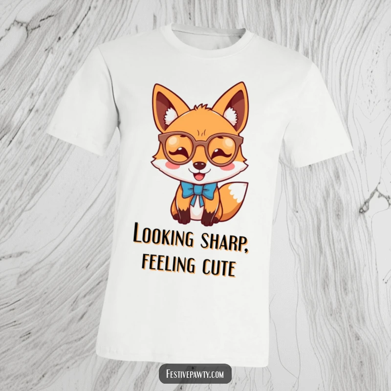 Funny joyful fox t-shirt featuring a fox wearing oversized novelty glasses and a sharp bow tie, looking snazzy.