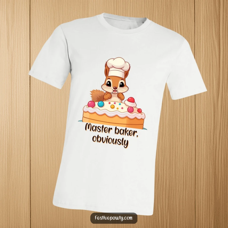 Funny T-shirt with a mischievous squirrel in a chef hat, expertly decorating a massive cake, perfect for bakers.