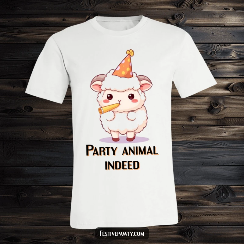 Funny sheep t-shirt with a fluffy character wearing a party hat and blowing a party horn, embodying pure celebratory fun.