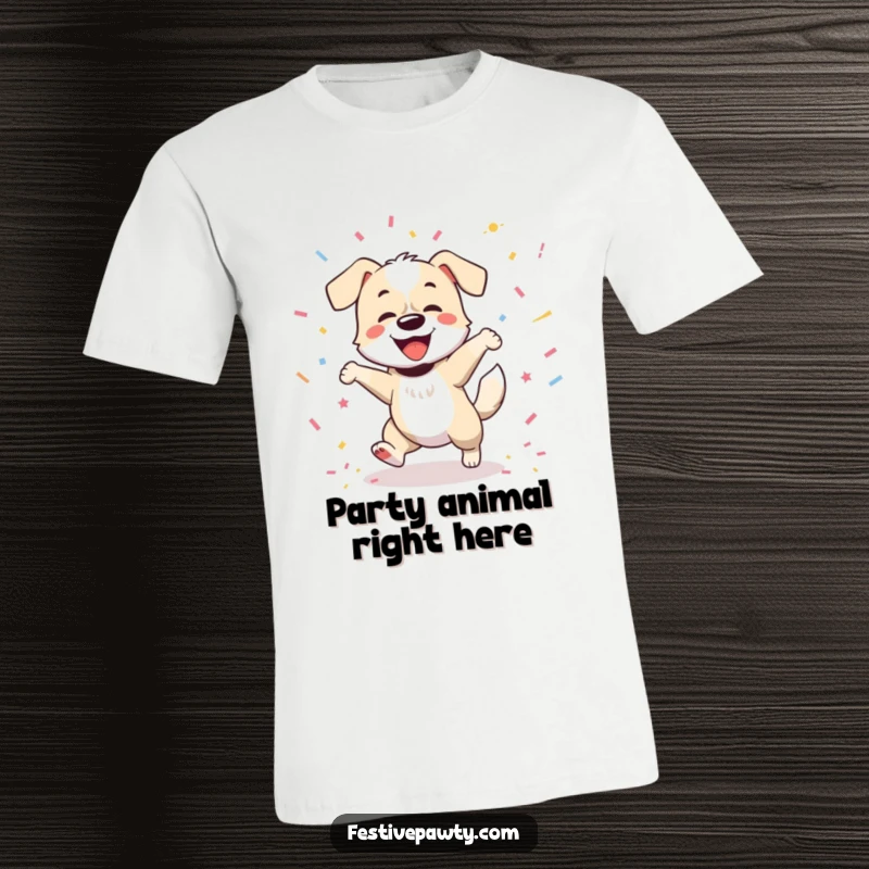 Funny t-shirt featuring an ecstatic dog dancing energetically, tail wagging wildly amid flying confetti, radiating pure, unadulterated happiness.