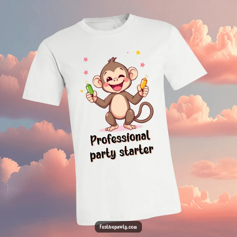 Funny Monkey T-Shirt: A jubilant monkey expertly juggling small party poppers with both hands and its tail, looking incredibly happy.