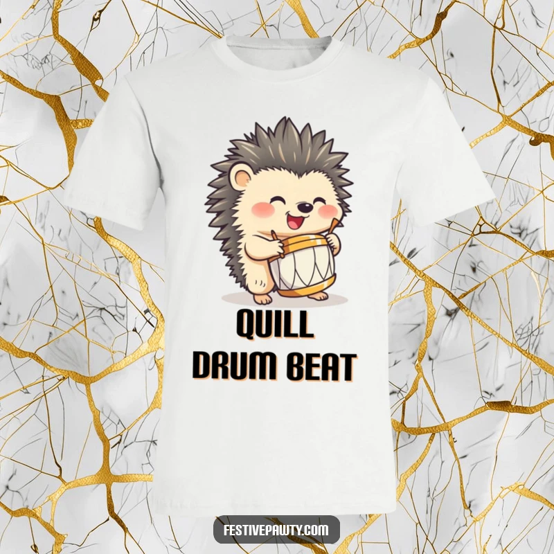 Funny hedgehog t-shirt, joyfully playing a small drum with its quills, showcasing energetic and humorous musical performance.