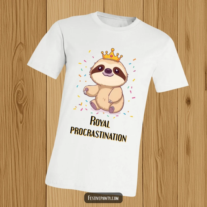 Funny sloth t-shirt featuring a cheerful sloth king wearing a crown, slowly reaching for confetti with joy.