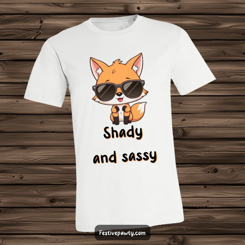 Funny t-shirt of a giggling fox wearing huge sunglasses, posing like a star, radiating confidence and glamour.