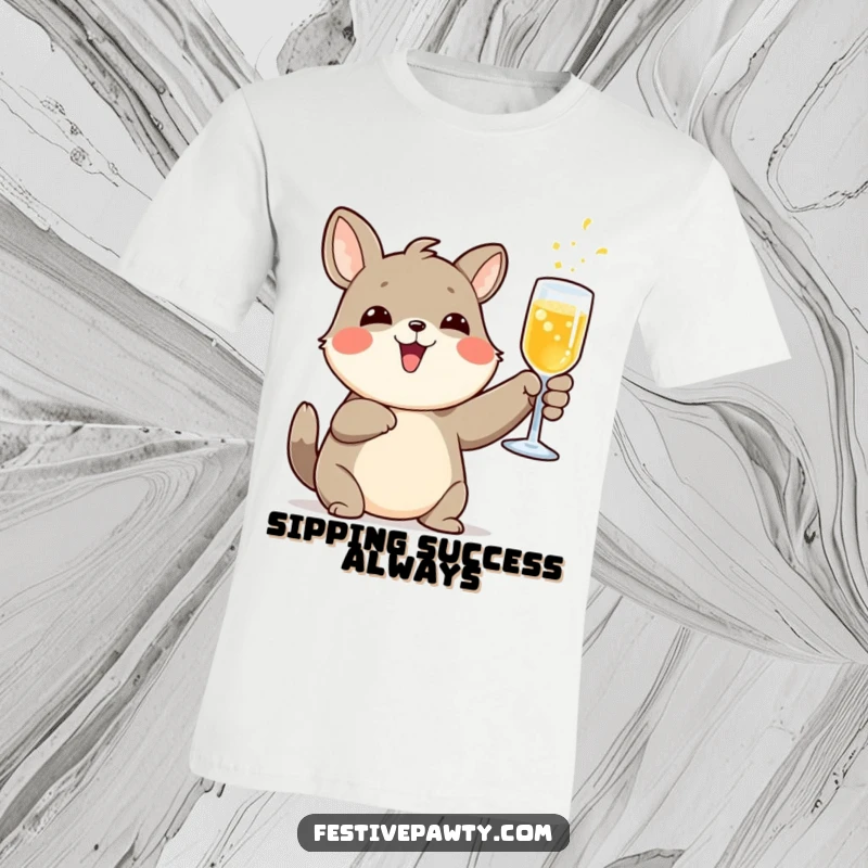 Funny delighted animal character t-shirt raising a bubbly fizzy drink glass in a celebratory toast, perfect for parties.