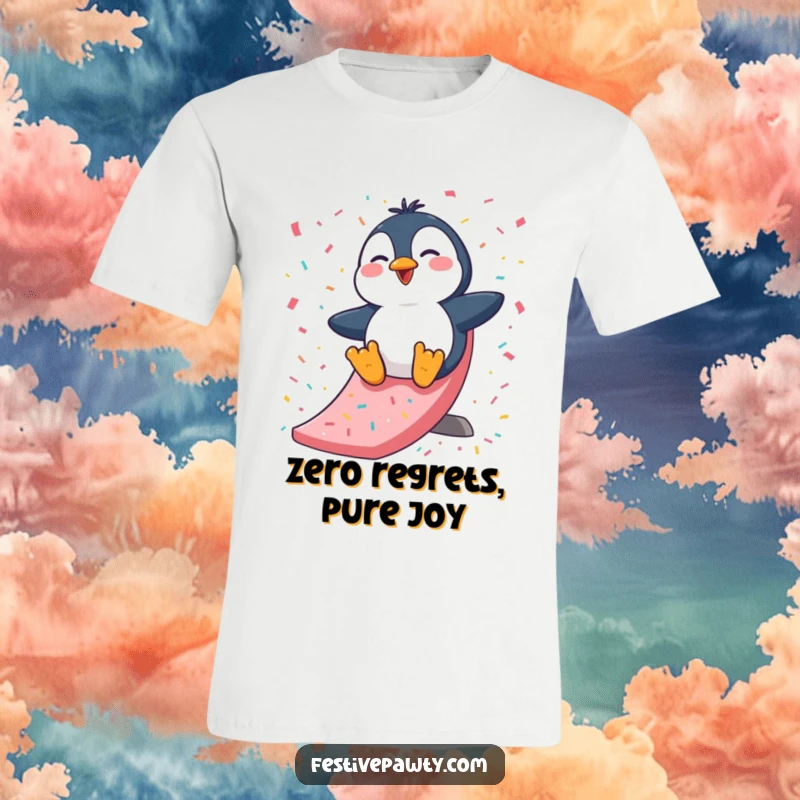 Funny T-Shirt: A giggling penguin character gleefully sliding down a confetti slide, capturing a moment of pure, unadulterated fun.