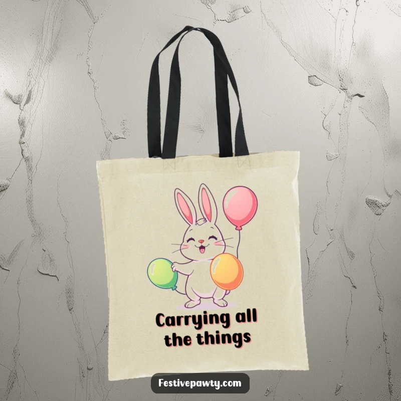 Funny tote bag featuring a charming rabbit masterfully juggling three colorful balloons, perfect for carrying essentials with flair.
