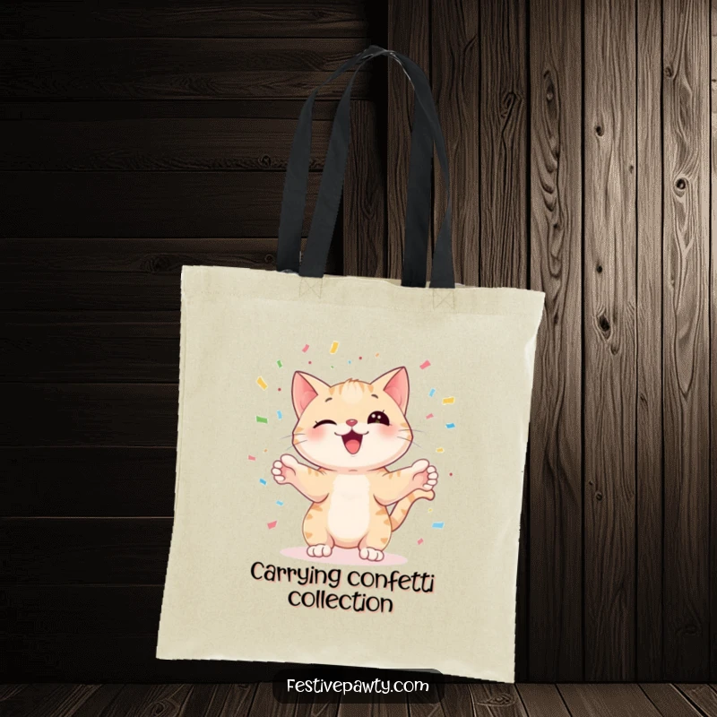 Funny cat character juggling colorful confetti with its paws, on a tote bag, for a humorous and practical accessory.