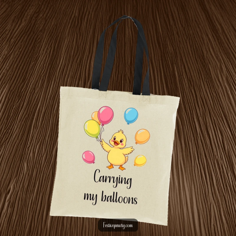 Funny duck tote bag featuring a cheerful character juggling colorful balloons, perfect for carrying items with a splash of fun.
