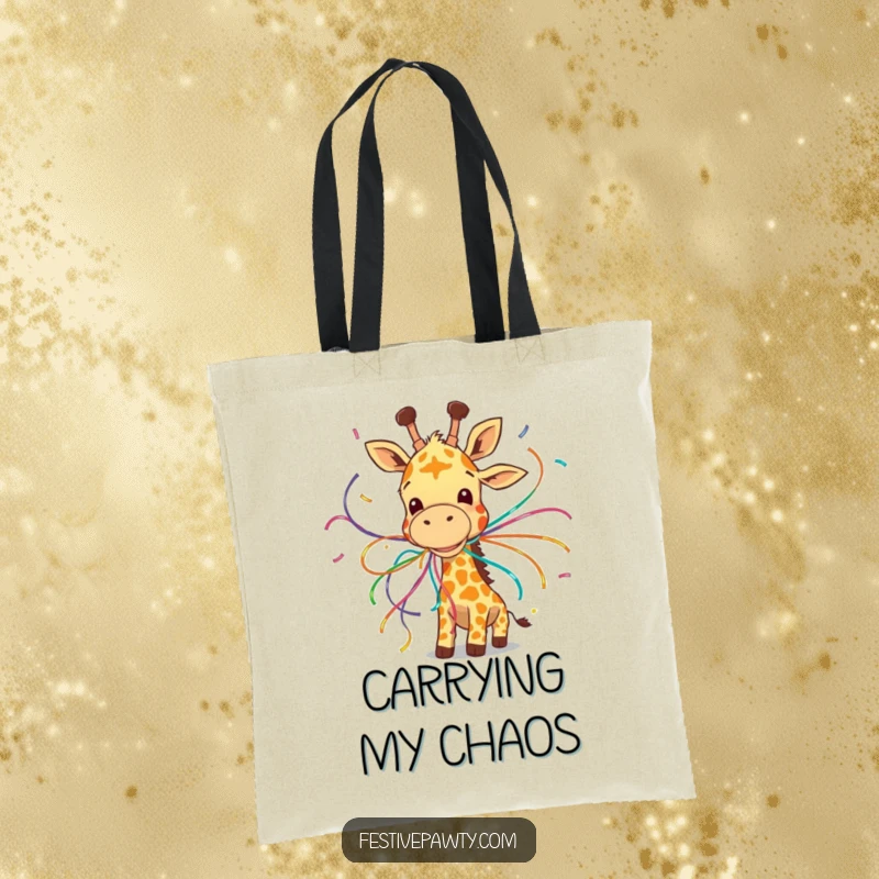 Funny tote bag featuring a giggling giraffe comically entangled in colorful streamers, loaded with party charm.