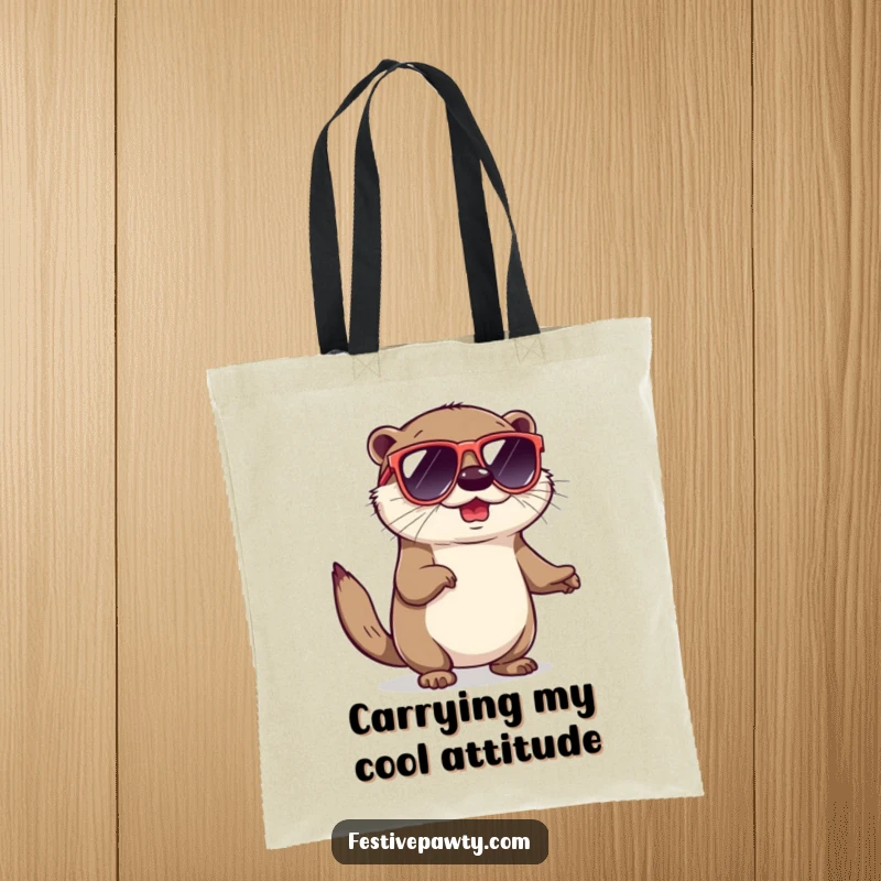 Funny tote bag featuring a playful otter in oversized sunglasses, doing a groovy shimmy, perfect for beach or shopping.