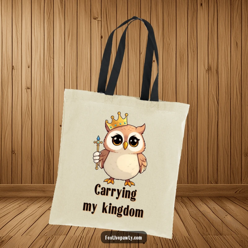 Funny Owl King Tote Bag: A proud owl wearing a crown and holding a scepter, ready to carry your treasures with authority.