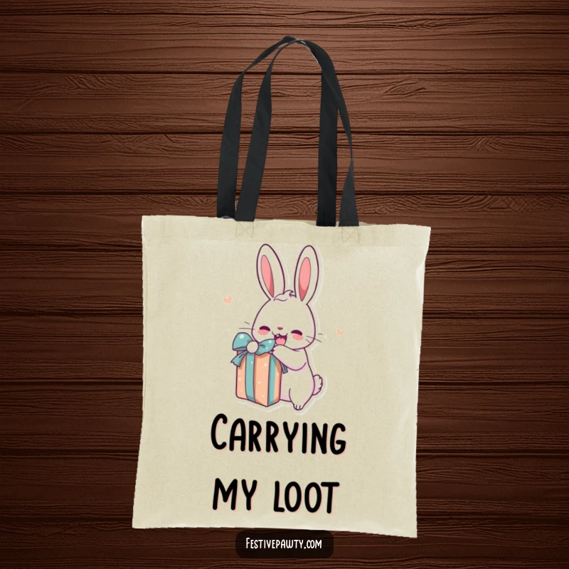 Funny rabbit tote bag with a cartoon bunny excitedly unwrapping a gift, perfect for carrying your own treasures.