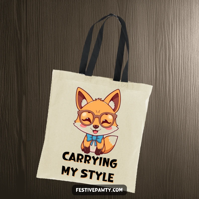 Funny joyful fox tote bag with a dapper fox wearing novelty glasses and a bow tie, perfect for carrying items.