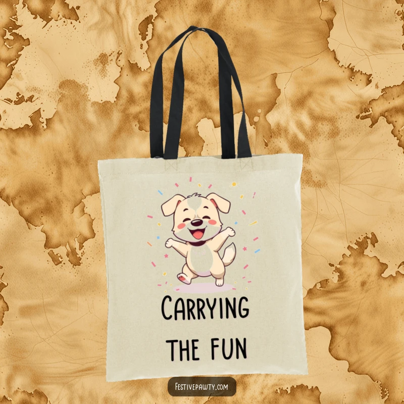 Funny tote bag illustrating a happy dog enthusiastically dancing, tail wagging furiously surrounded by vibrant confetti, celebrating life's joys.