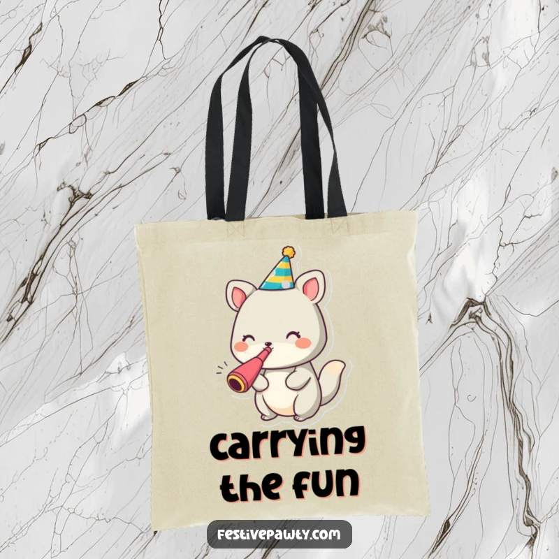 Funny animal character tote bag with a party hat and noisemaker, ready for celebrations and carrying essentials.