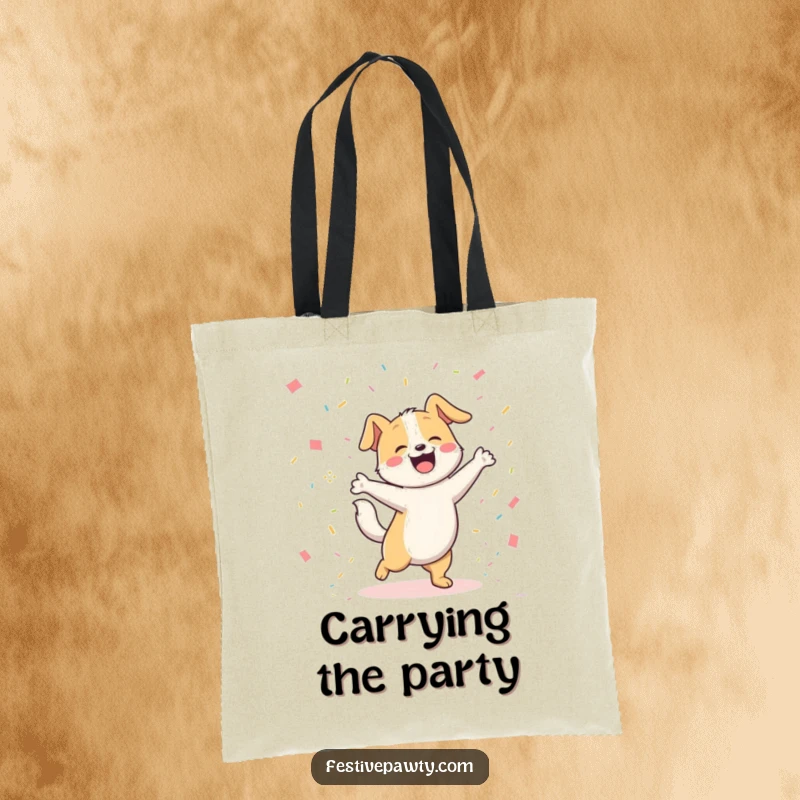 Funny joyful dog character happily dancing with its tail wagging furiously amongst colorful confetti on a durable tote bag. A funny and festive accessory.