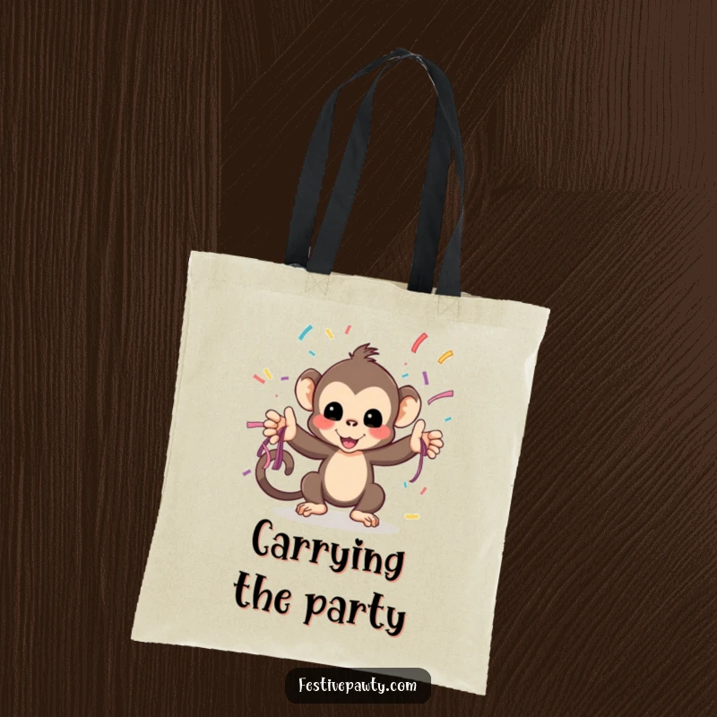 Funny Tote Bag: A playful monkey tosses streamers, perfect for carrying your items with a dose of festive humor.