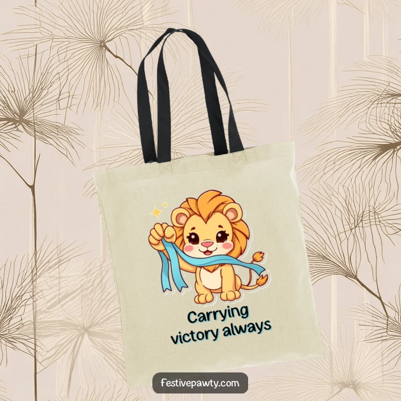 Funny Tote Bag: A triumphant lion character proudly displays a sparkling ribbon, signifying success and a bold attitude.