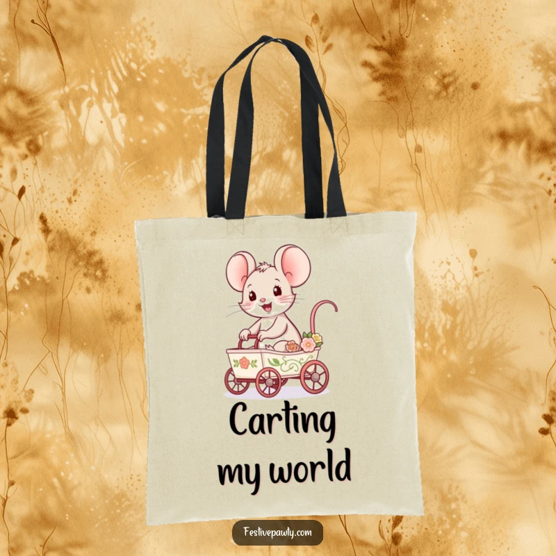 Funny Mouse Tote Bag showing a delighted mouse character riding in a tiny, decorated cart, perfect for carrying essentials with a cheerful spirit.