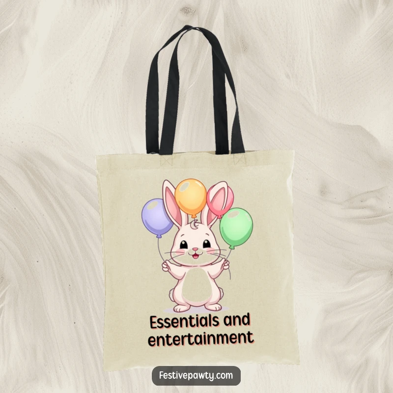 Funny tote bag featuring a lively rabbit juggling three vibrant balloons, perfect for carrying items with a smile.