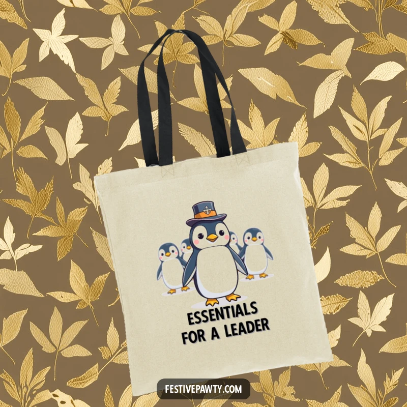 Funny Tote Bag with a penguin in a top hat leading a conga line, perfect for carrying essentials with a smile.