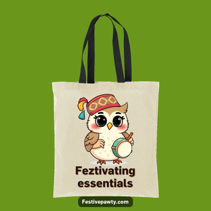 Funny Owl Drummer Tote Bag: Carry the Beat, Stylish Fez Fashion, Great Gift