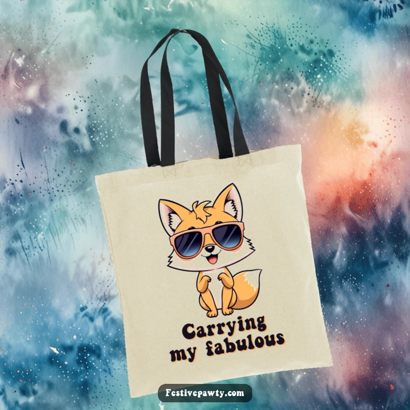 Funny tote bag featuring a giggling fox in oversized sunglasses, striking a confident diva pose, ideal for carrying essentials with style.