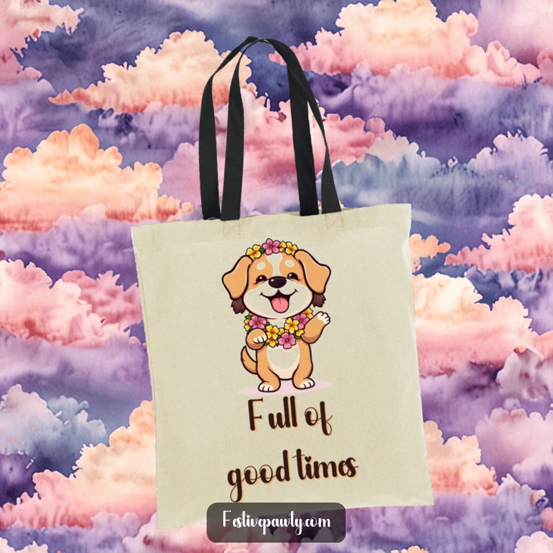 Funny tote bag with a playful dog wearing a flower lei, doing a relaxed hula dance, ideal for gifts.