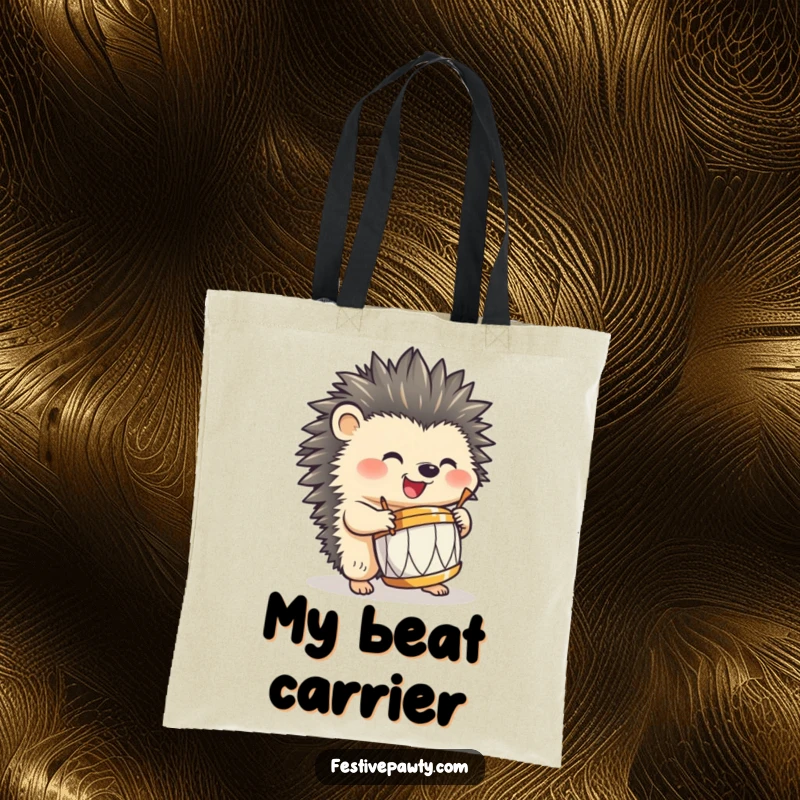 Funny hedgehog tote bag, enthusiastically drumming a small drum with its quills, perfect for carrying music gear with humorous flair.