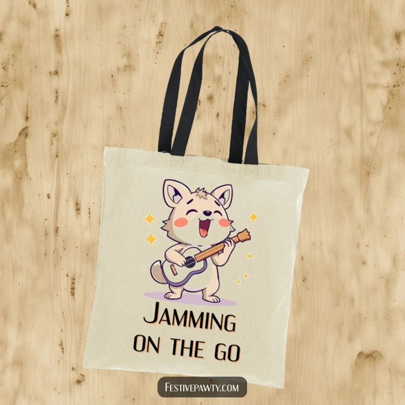 Funny tote bag featuring an energetic animal character playing a musical instrument loudly, ideal for carrying music essentials.