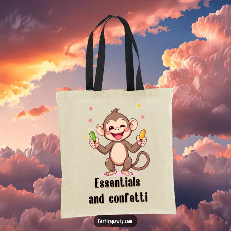 Funny Monkey Tote Bag: A delightful monkey enthusiastically juggling numerous small party poppers with its hands and tail, full of joy.